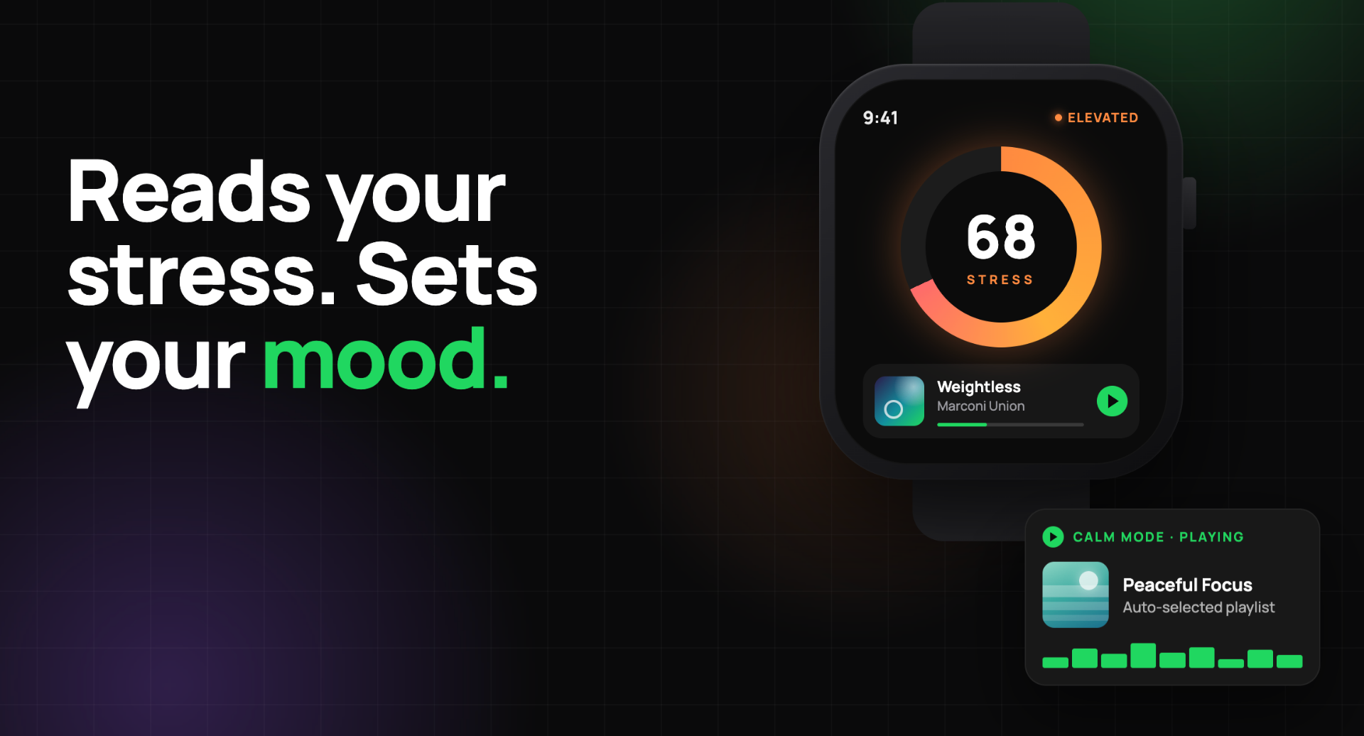 Smartwatch stress detection interface showing elevated stress score with adaptive music playlist