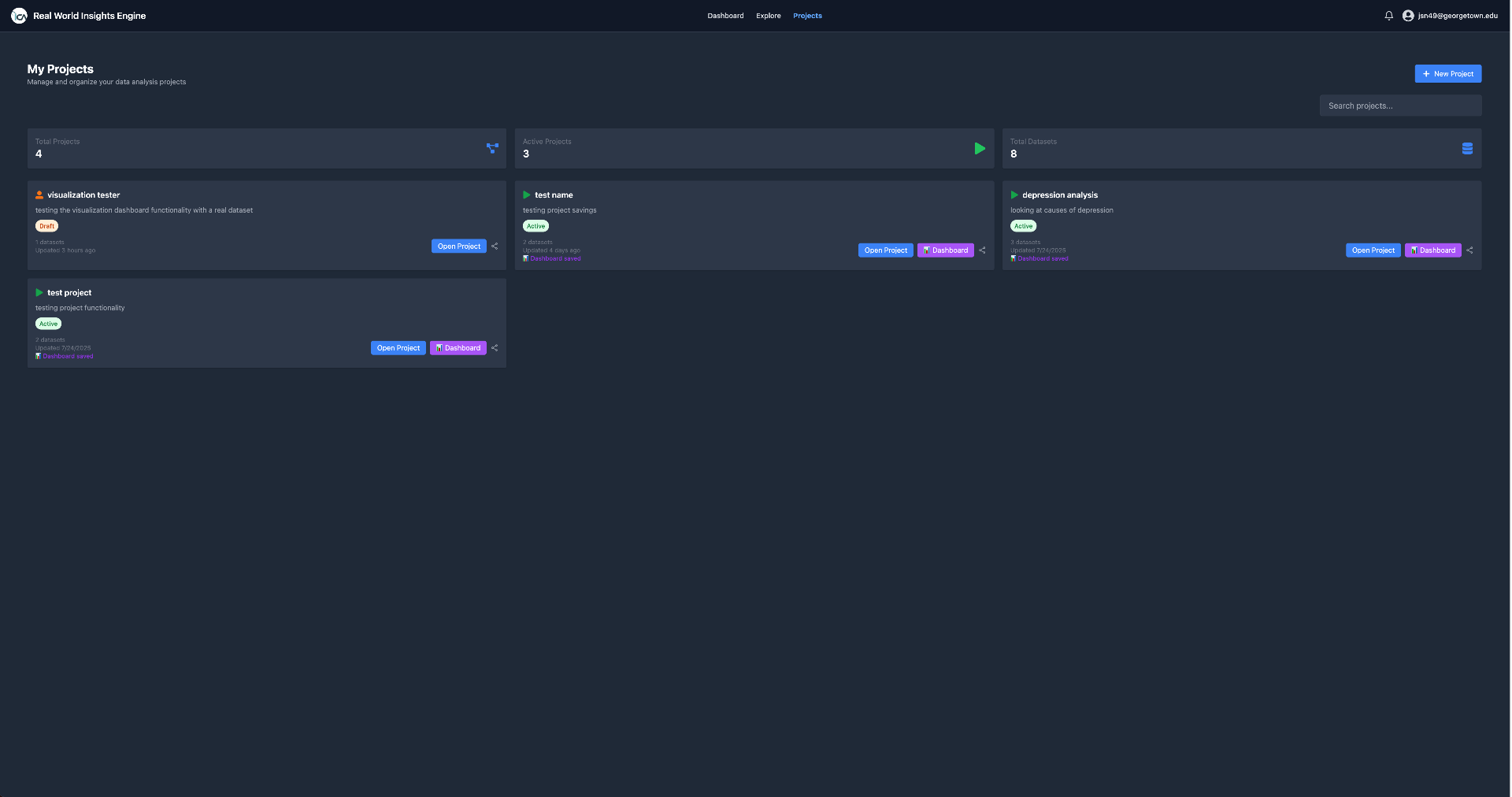 My Projects — managing data analysis projects with dataset counts and dashboards