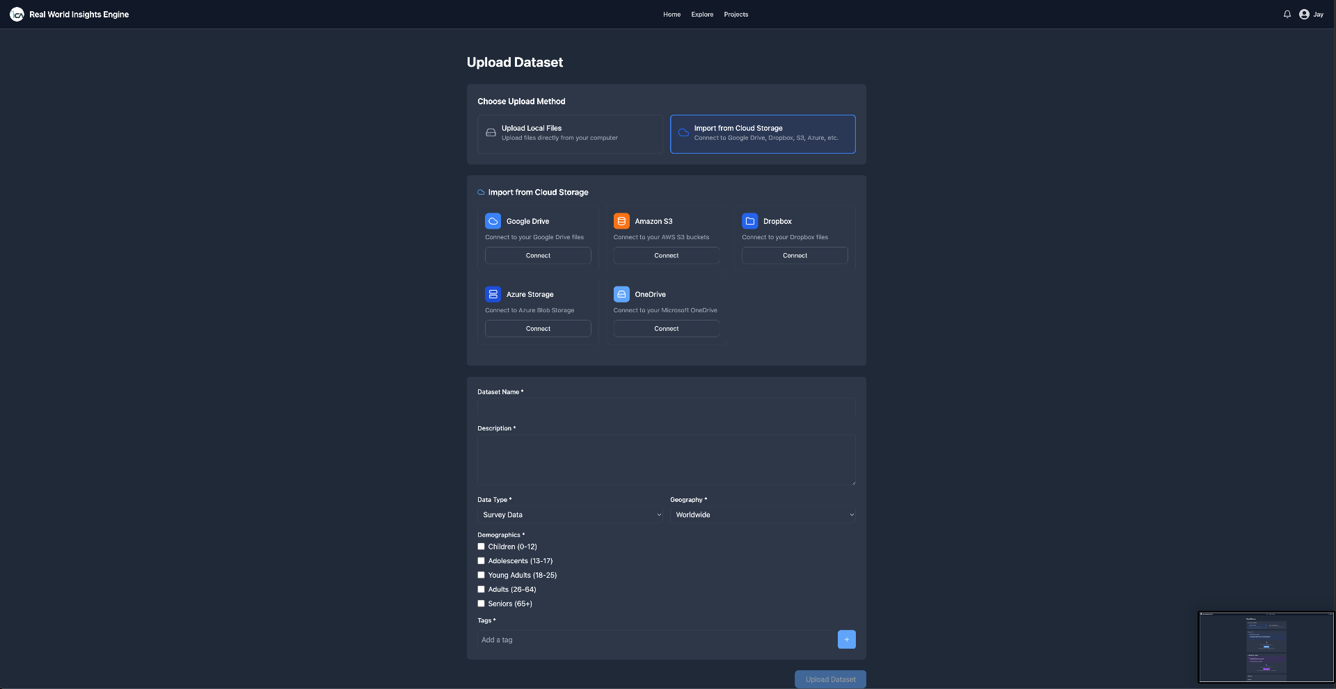 Upload Dataset — federated import from Google Drive, S3, Dropbox, Azure, and OneDrive