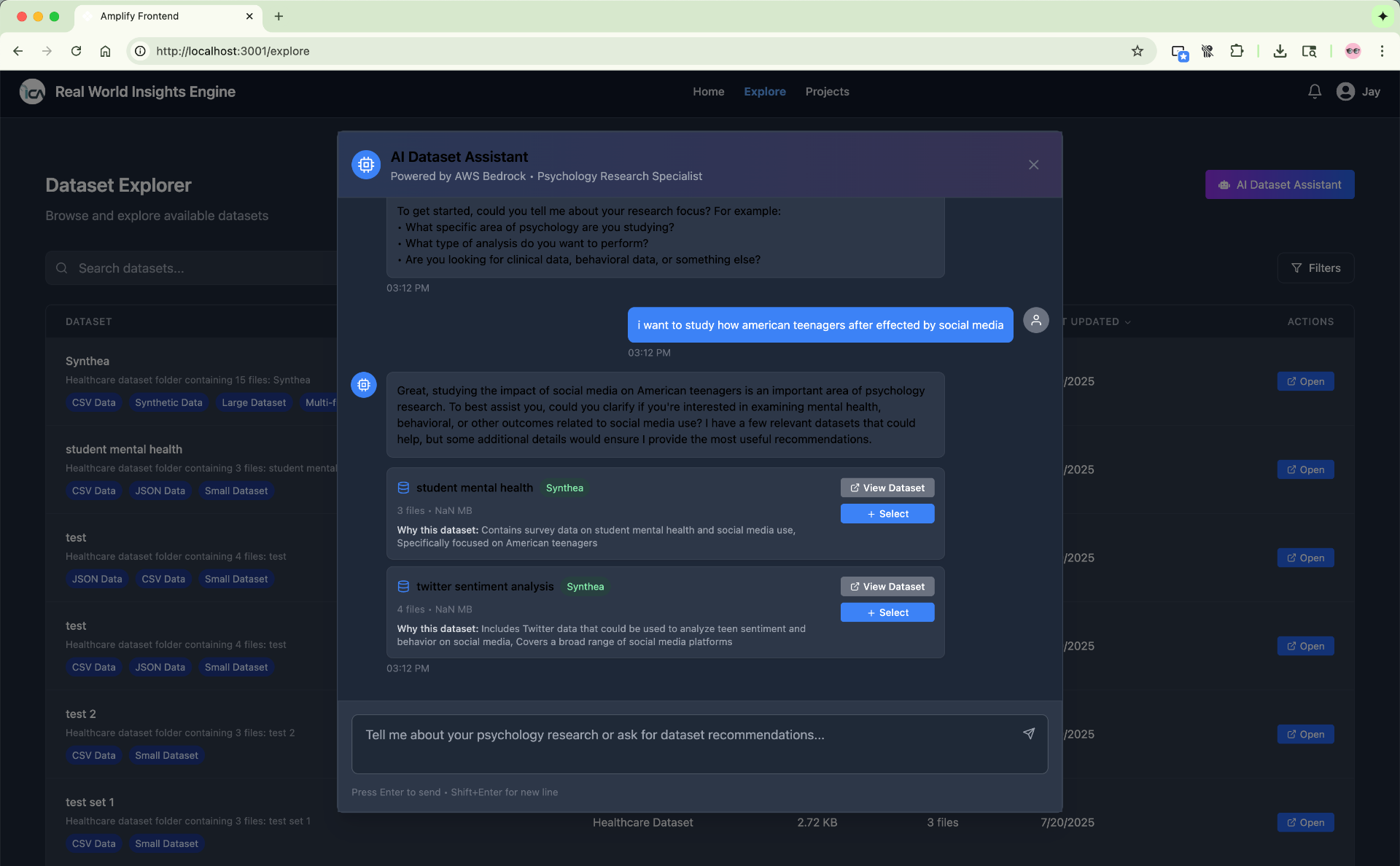 AI Dataset Assistant chat — psychology research dataset recommendations with rationale