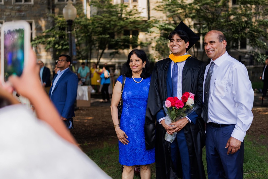 Jay Nagabhairu with his parents at his Georgetown University graduation