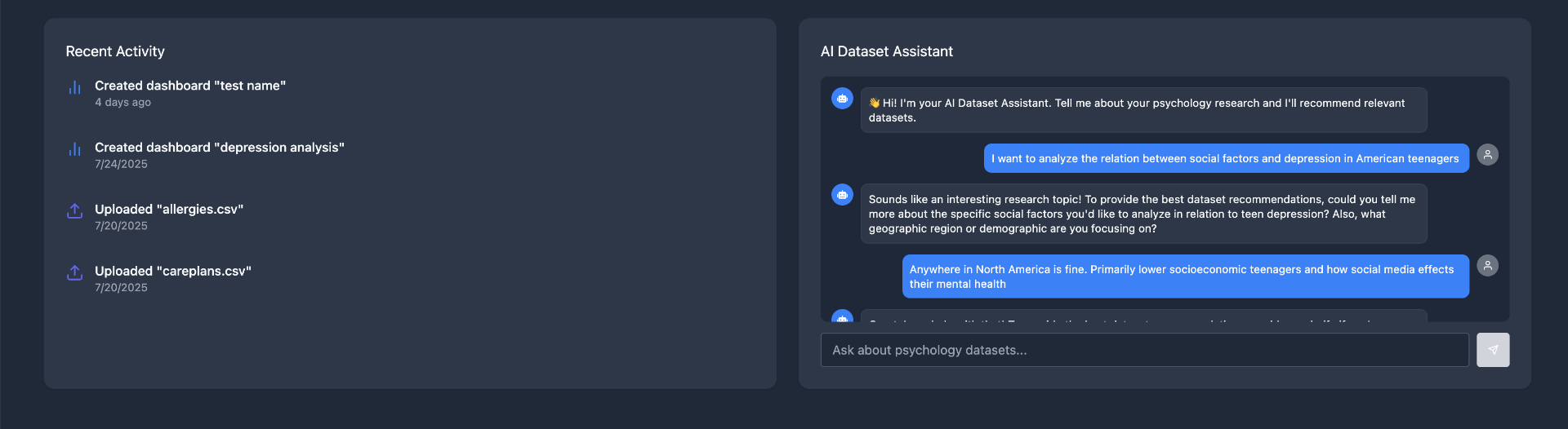 AI Dataset Assistant — conversational dataset recommendations alongside recent activity